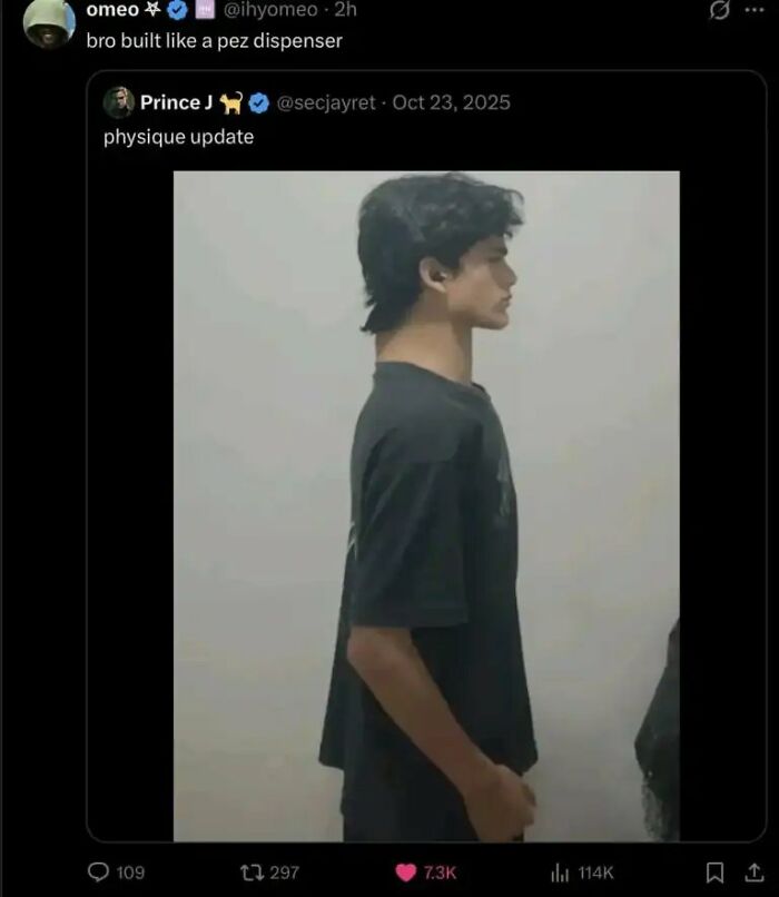 A side profile photo of a young man with funny insults comparing his physique to a pez dispenser.
