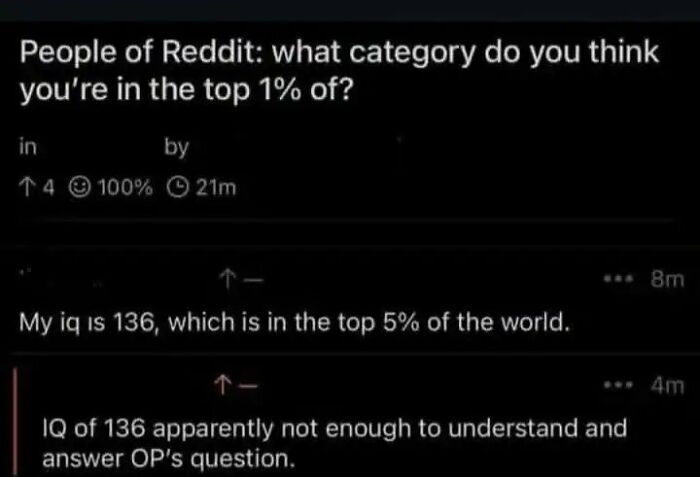 Reddit post with accurate insults about someone boasting about their high IQ score.