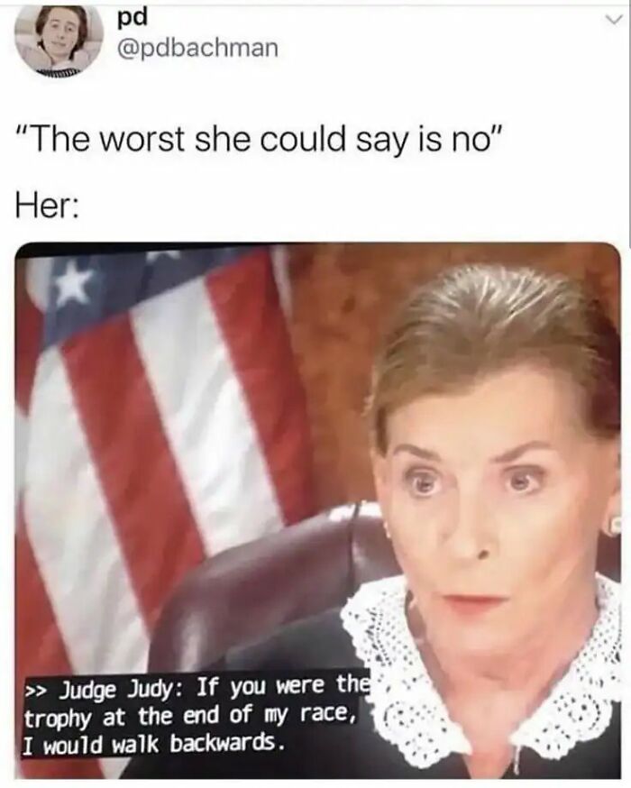 Judge Judy meme showing imaginative insults for a bad romantic proposal rejection.