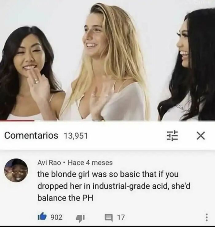 YouTube comment section featuring funny insults about a blonde woman being basic.