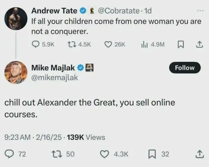 A witty exchange on Twitter showcasing funny insults directed at a famous internet personality.