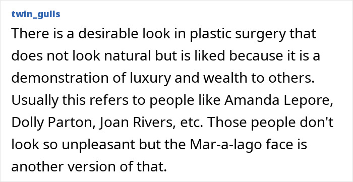 Discussion of plastic surgery as a luxury symbol related to the anti-Mar-a-Lago face Discussion of plastic surgery as a luxury symbol related to the anti-Mar-a-Lago face