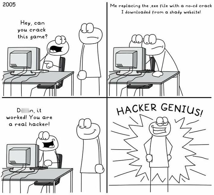 Hoppy Doodle comic showing characters hacking a game with a no-cd crack from a shady website