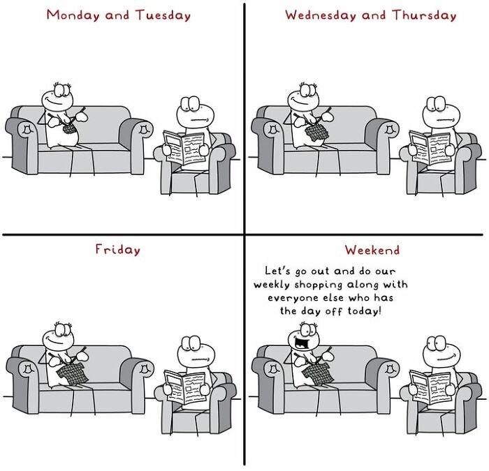 Hoppy Doodle comic illustrating weekly knitting and shopping routine on couch