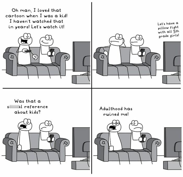 Hoppy Doodle comic about adults reminiscing childhood cartoons and adult frustrations