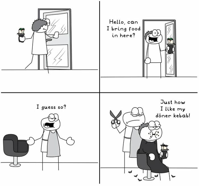 Hoppy Doodle comic of customer asking to bring food into a barber shop