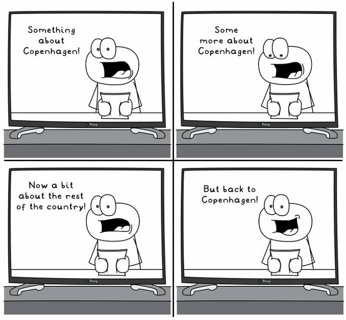 Hoppy Doodle comic with character repeatedly talking about Copenhagen on TV