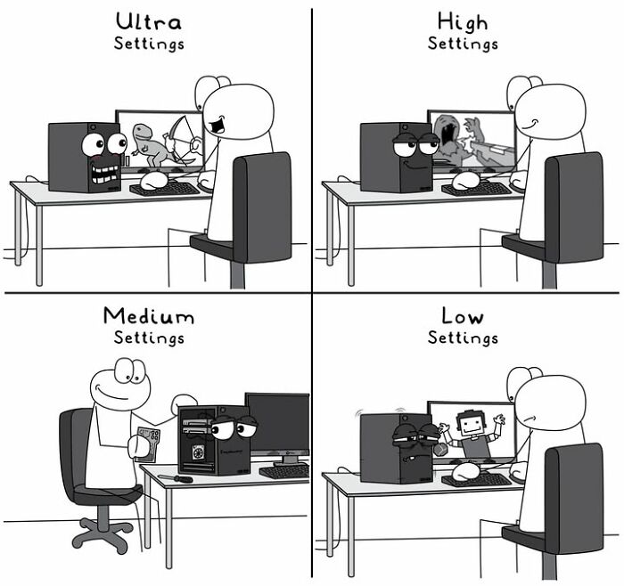 Hoppy Doodle comic showing gaming PC performance from ultra to low settings humorously