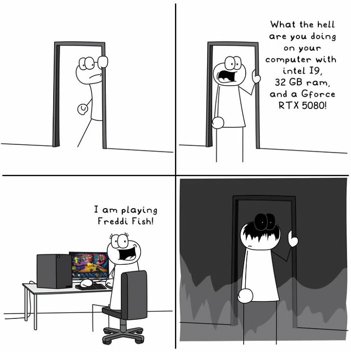 Hoppy Doodle comic humor about playing Freddi Fish on a powerful gaming computer