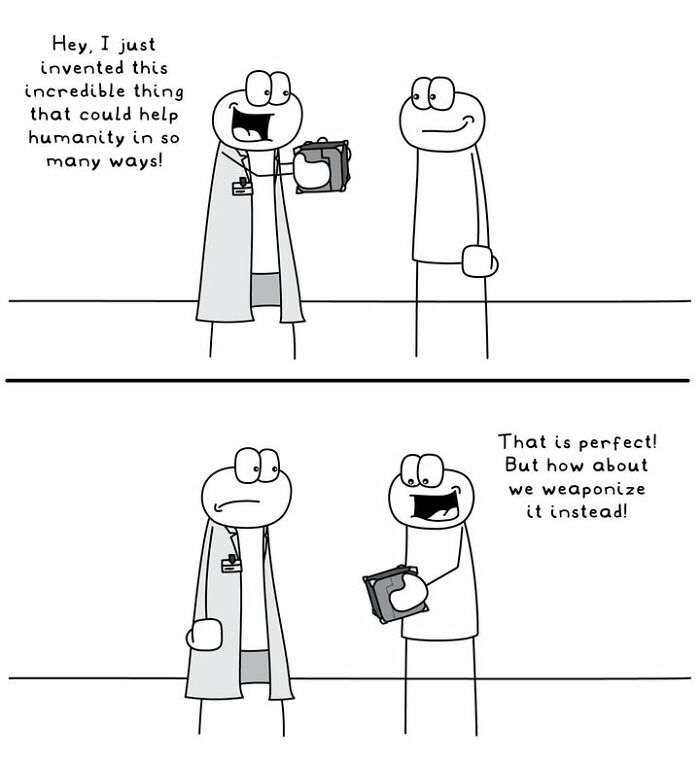 Hoppy Doodle comic about invention that could help humanity but is weaponized