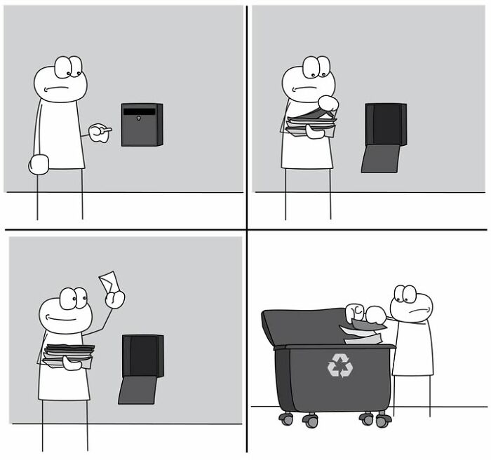 Hoppy Doodle comic showing person recycling papers in a recycling bin
