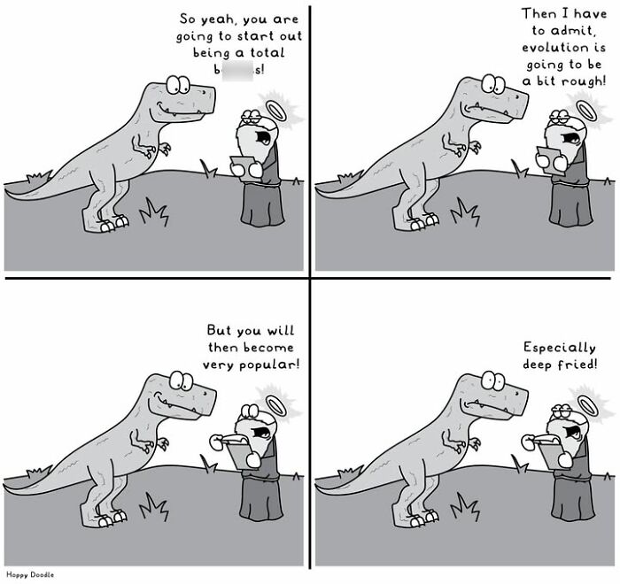 Hoppy Doodle comic with dinosaur and angel discussing tough but popular evolution