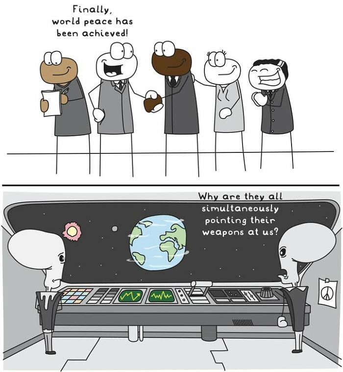 Hoppy Doodle comic depicting world peace irony with aliens pointing weapons at Earth