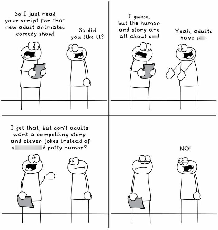 Hoppy Doodle comic on adult animated comedy script and potty humor debate