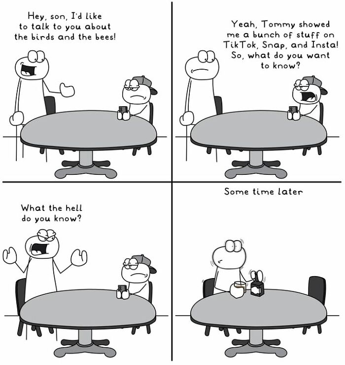 Hoppy Doodle comic about a parent son talk and social media knowledge humor