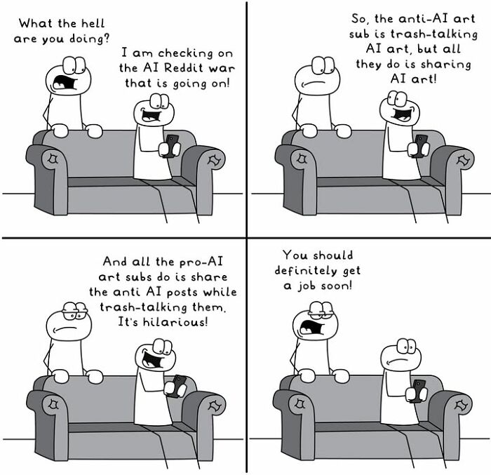 Hoppy Doodle comic discussing AI Reddit war and art sub trash-talking humor