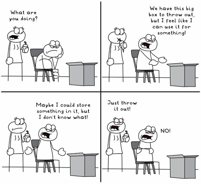 Hoppy Doodle comic with characters debating whether to keep or throw out a big box