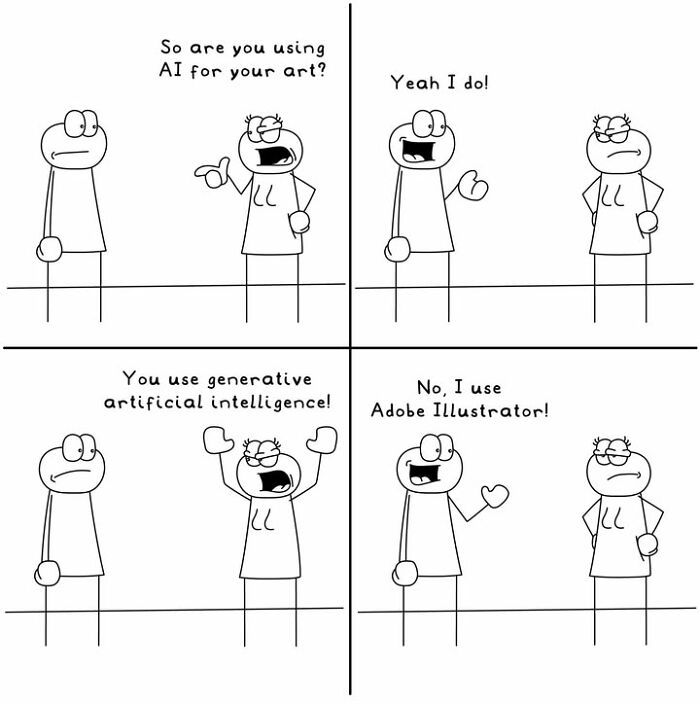 Hoppy Doodle comic with a conversation about using AI versus Adobe Illustrator for art