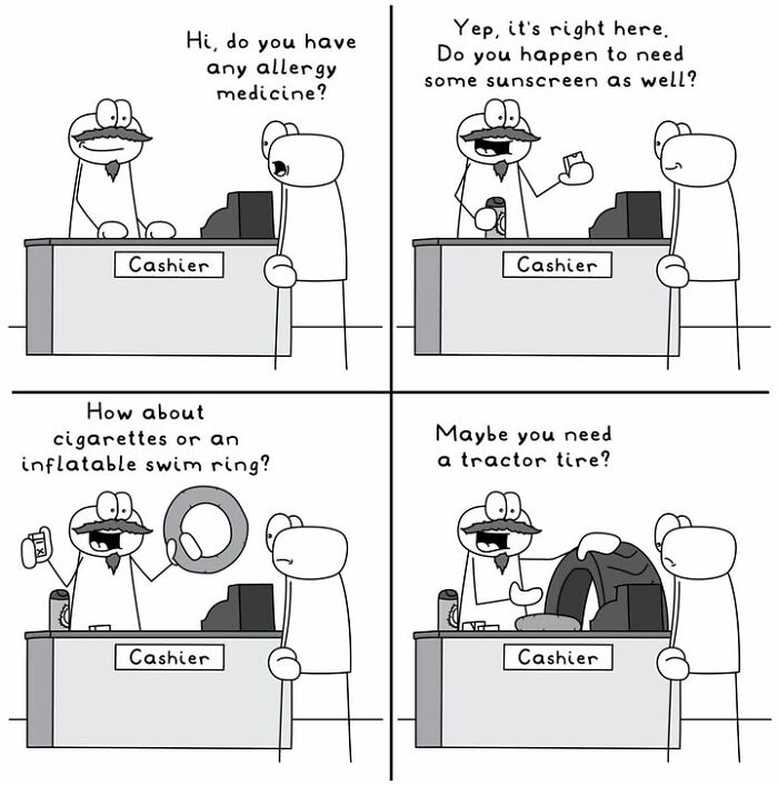 Hoppy Doodle comic at a cashier offering unusual items like a tractor tire