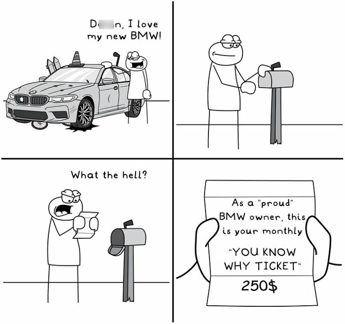 Hoppy Doodle comic with man upset about monthly BMW parking ticket