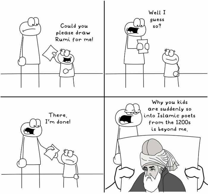 Hoppy Doodle comic where character draws Rumi, the Islamic poet