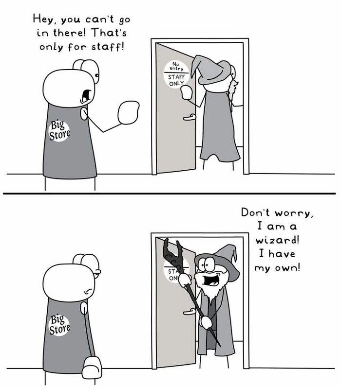 Hoppy Doodle comic with wizard entering staff-only area using magic