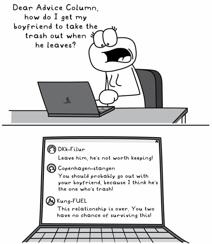 Hoppy Doodle comic shows woman asking advice on getting boyfriend to take out trash