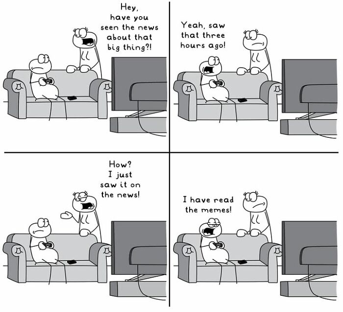 Hoppy Doodle comic showing characters talking about news and memes on TV with humor