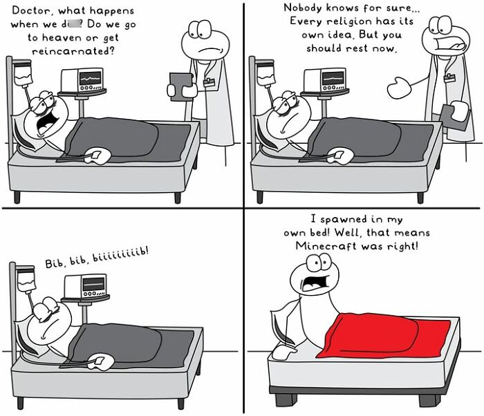 Hoppy Doodle comic depicting a patient and doctor discussing life and Minecraft humor