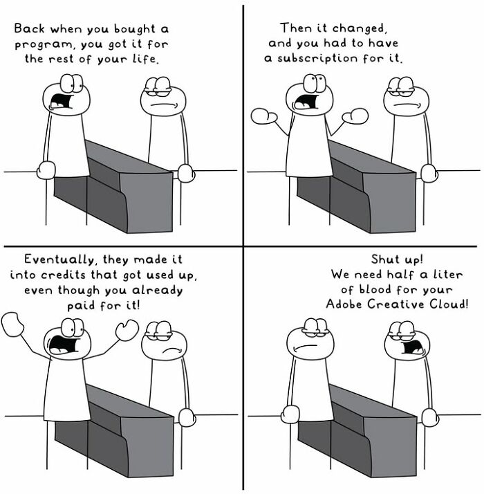 Hoppy Doodle comic about software subscriptions using Adobe Creative Cloud joke