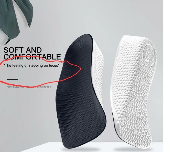 Shoe insoles promotion with bad translation text, demonstrating funny advertising fails.