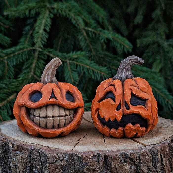 Carved wooden Jack-o'-lanterns displaying funny faces for Halloween decor