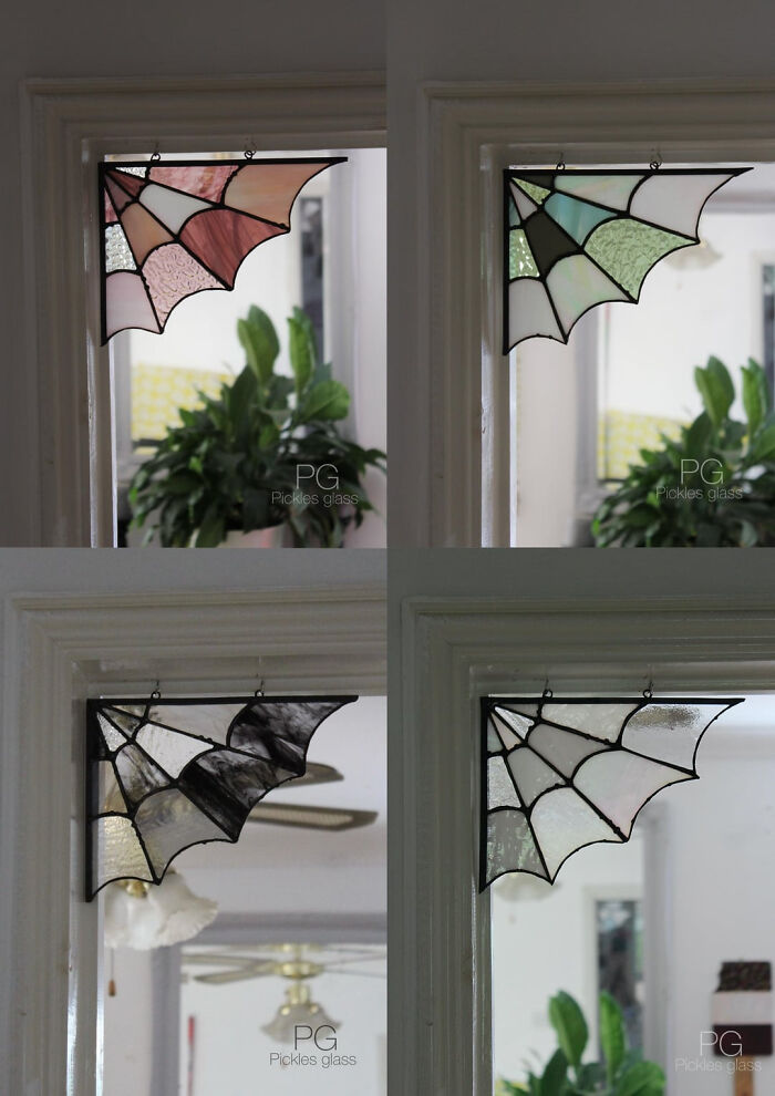 A collage showing four stained glass spiderweb corner decorations for spooky Halloween home decor.