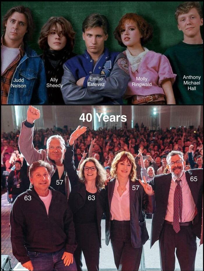 Side-by-side comparison of the cast of The Breakfast Club then and now, iconic for 80s kids nostalgic photos