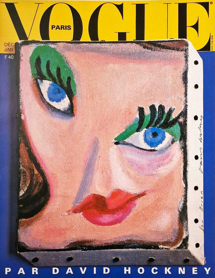 Colorful vintage Vogue cover painted by David Hockney, featuring an abstract fashion illustration of a face.
