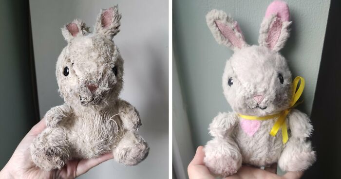 A restored stuffed rabbit toy before and after showing creativity that can save money.