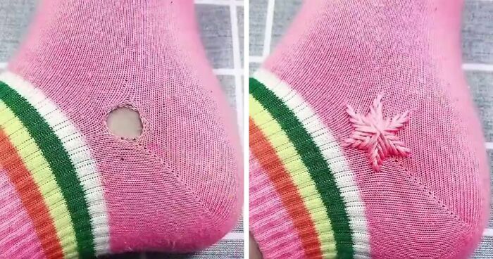 Before and after star-shaped embroidery repairing a hole in a pink sock to save money creatively