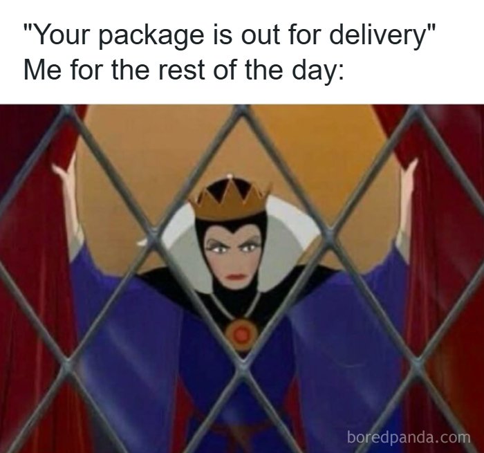 Funny memes about being a woman showing the Evil Queen looking suspiciously through a lattice window.