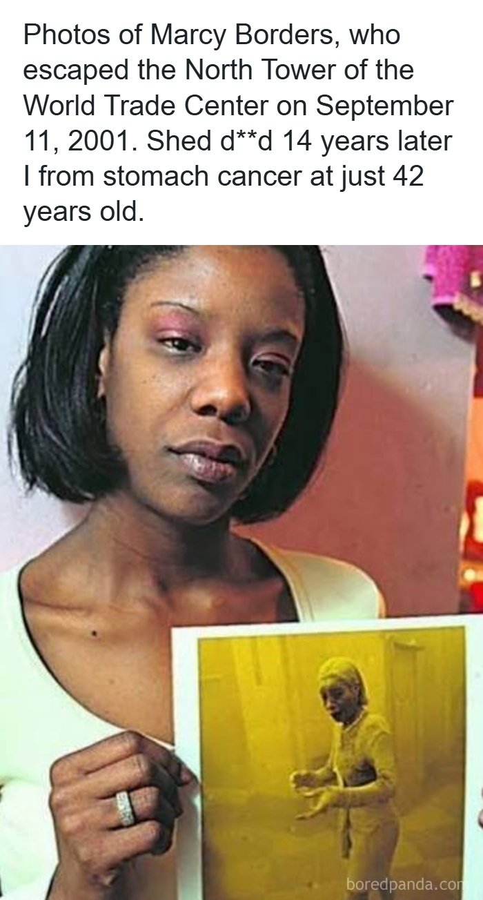 A split photo of 9/11 survivor Marcy Borders covered in dust, illustrating creepy facts and news stories.