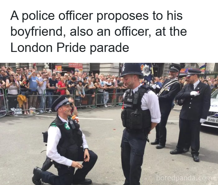 A police officer proposing to his officer boyfriend at a parade, representing interesting facts about the world