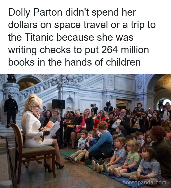 Dolly Parton reading to a group of young children, illustrating interesting facts and stories about the world around us.