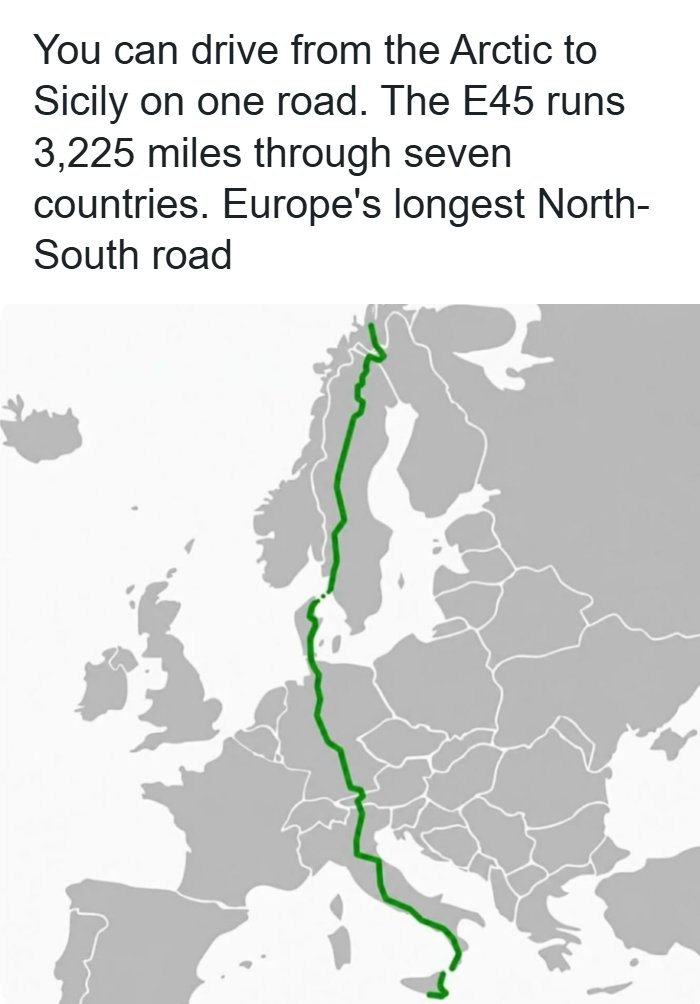 Map showing the E45 route across Europe from Arctic to Sicily, sharing interesting facts about geography.