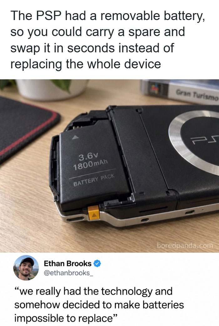 Close-up of a PSP console with its removable battery compartment open, featured in fun posts about nostalgia.