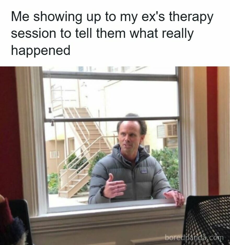 Accurate memes showing Walton Goggins talking through a window about an ex's therapy session.