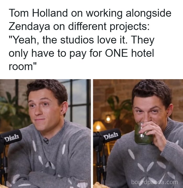 Tom Holland during an interview drinking from a glass, featured in interesting facts and posts about the world.