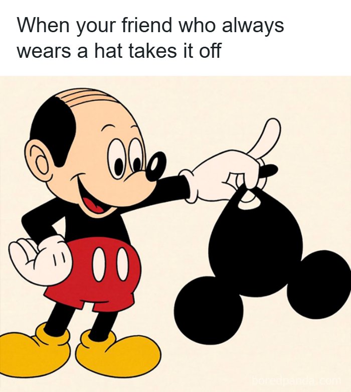 Mickey Mouse balding head meme ideal for sending memes to friends when taking off a hat.