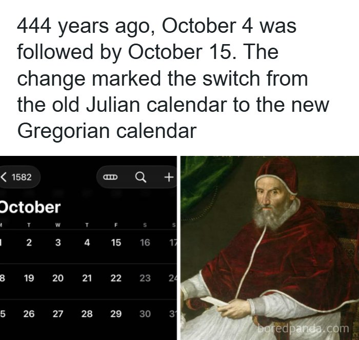 Calendar skipping days alongside a portrait of a Pope, sharing interesting facts about history.