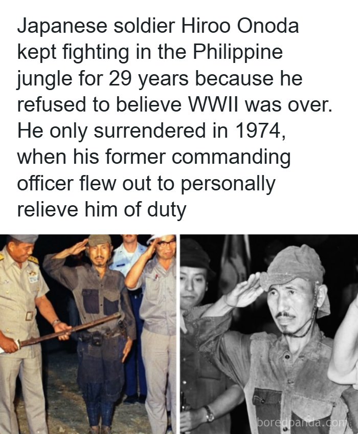 Japanese soldier Hiroo Onoda salutes after surrendering in 1974, an interesting fact about the world around us.