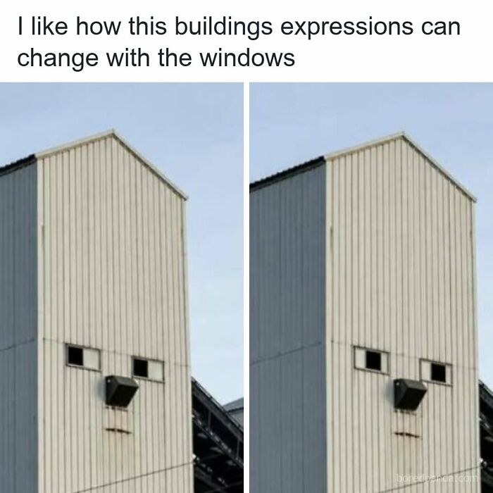 Side by side strange and funny pics of a building that looks like a face with window expressions
