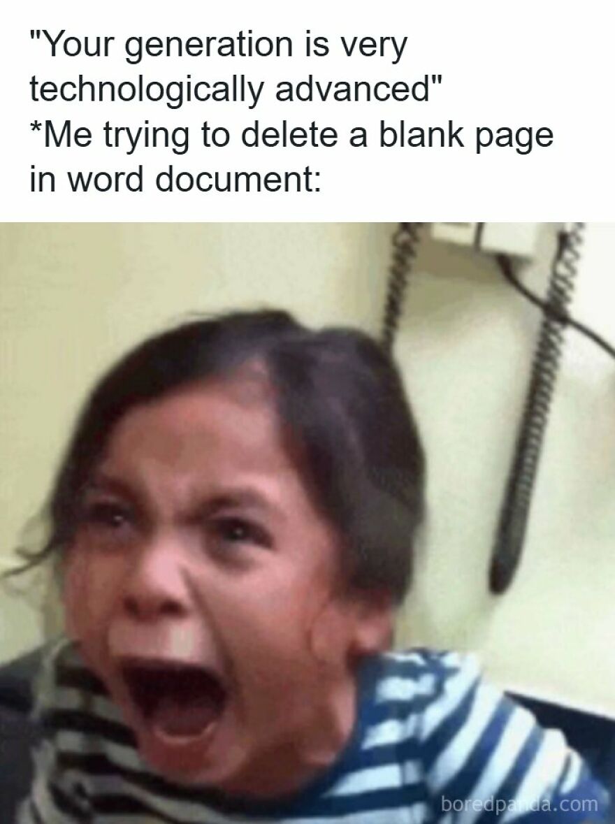 Relatable memes showing a frustrated girl screaming while trying to delete a blank Word page.